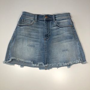 Sneak Peek Distressed and Frayed Denim Mini Skirt